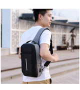 Petra store black and gray chest bag worn by a man for fitness and wellness activities