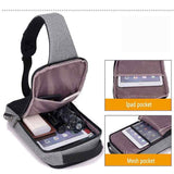Petra store gray chest bag with multiple compartments including iPad pocket and mesh pocket for fitness and wellness