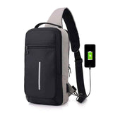 Petra store black and gray chest bag with USB charging port and adjustable strap for fitness and wellness