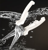 Petra store white spring loaded kitchen scissors with pointed stainless steel blades and safety lock