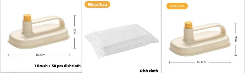 Cleaning Magic Brush with ergonomic handle and 50-piece dishcloth set in cream color for home and kitchen cleaning