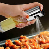 Hand spraying cooking oil from Cooking Oil Spray Bottle onto sizzling grilled meat