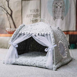 Cozy pet bed for small pets by Petra store with soft gray plush fabric and sheer curtains