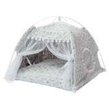 Petra store cozy pet bed for small pets with soft plush fabric and white decorative curtains