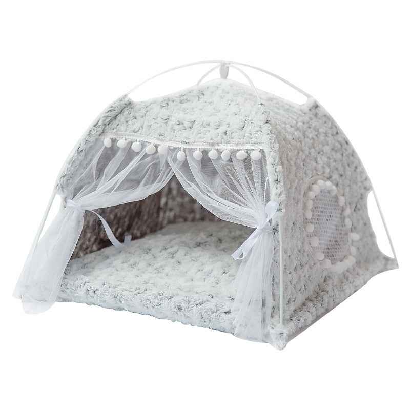Petra store cozy pet bed for small pets with soft plush fabric and white decorative curtains