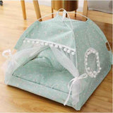 Petra store cozy pet bed for small pets in light blue with floral print and mesh window