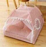 Petra store cozy pet bed for small pets in pink floral fabric with mesh window and decorative white tassels