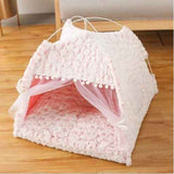 Petra store cozy pet bed for small pets in soft pink with a tent design and sheer curtains