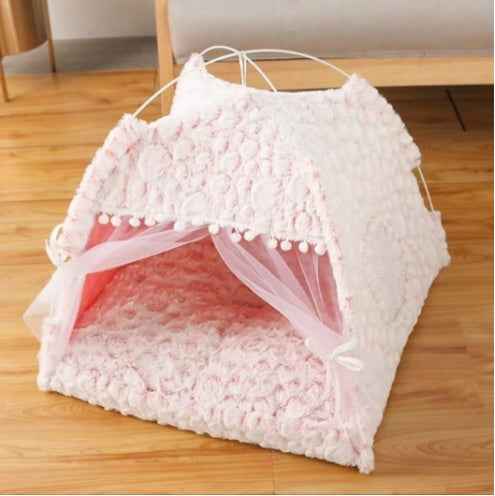 Petra store cozy pet bed for small pets in soft pink with a tent design and sheer curtains