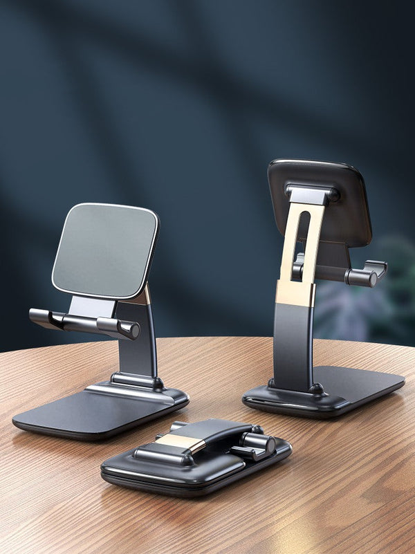 Petra store portable phone stand for desk in black metal, shown in folded and adjustable positions