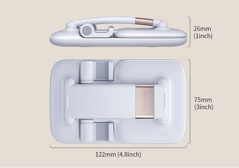 Portable phone stand for desk showing compact folded design with dimensions from Petra store