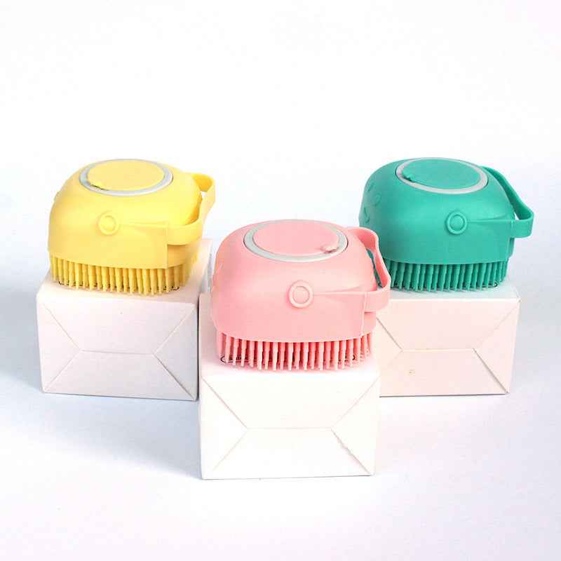 Petra store dog bath brush in yellow pink and green with soft bristles for pet grooming