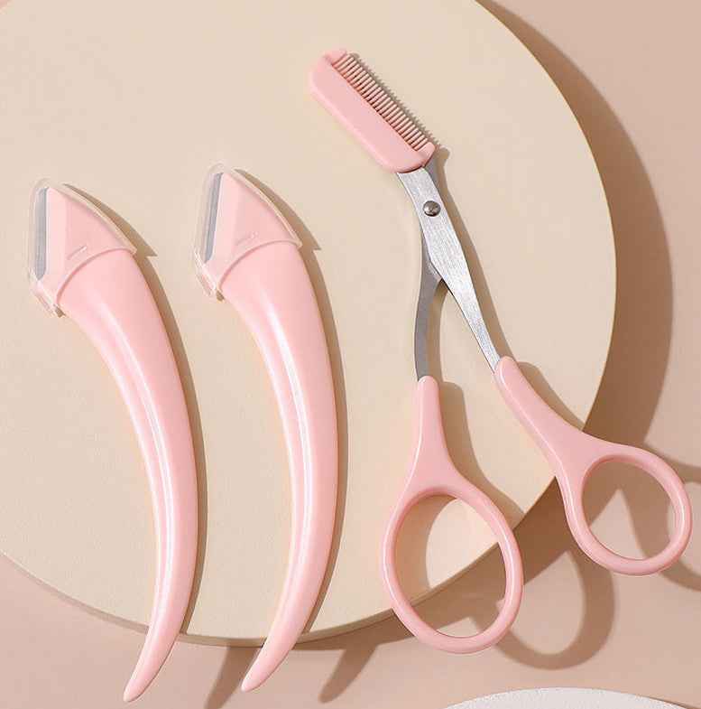 Petra store Eyebrow Trimming Knife With Comb and two pink eyebrow shaving razors on beige background