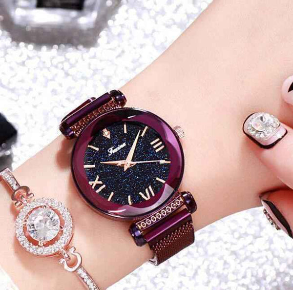 Petra store elegant purple fashion watches for women with sparkling black dial and mesh strap