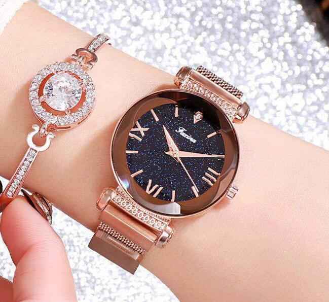 Petra store rose gold fashion watches for women with black glitter dial and mesh strap