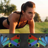 Petra store Push-up Board Bracket showing adjustable colored handles and woman doing push-ups outdoors