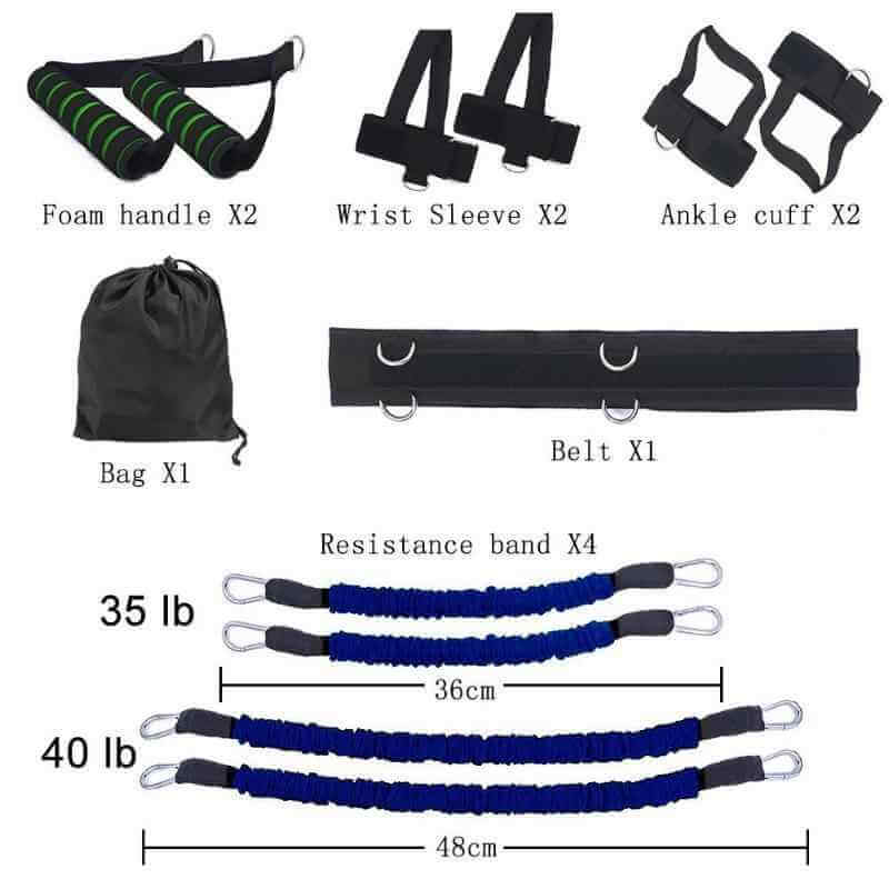 Petra store Resistance Band Bounce Trainer set with belt ankle cuffs wrist sleeves foam handles and carry bag