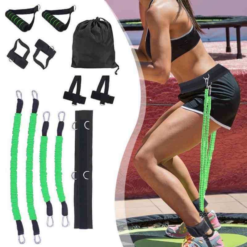 Petra store Resistance Band Bounce Trainer green set with ankle straps handles waist belt and carrying bag on trampoline