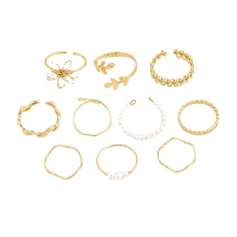 Petra store Flower Ring Set with gold and pearl designed stackable fashion accessory rings