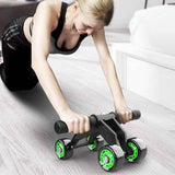 Woman using Petra store Four-Wheeled Abdominal Roller for core workout on wooden floor