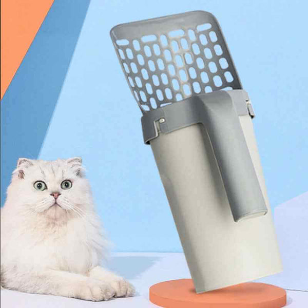 Petra store Cat Litter Shovel Set with container and scoop beside white fluffy cat on blue background