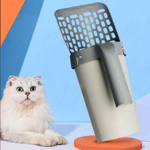 Petra store Cat Litter Shovel Set with a gray scoop and container next to a white fluffy cat