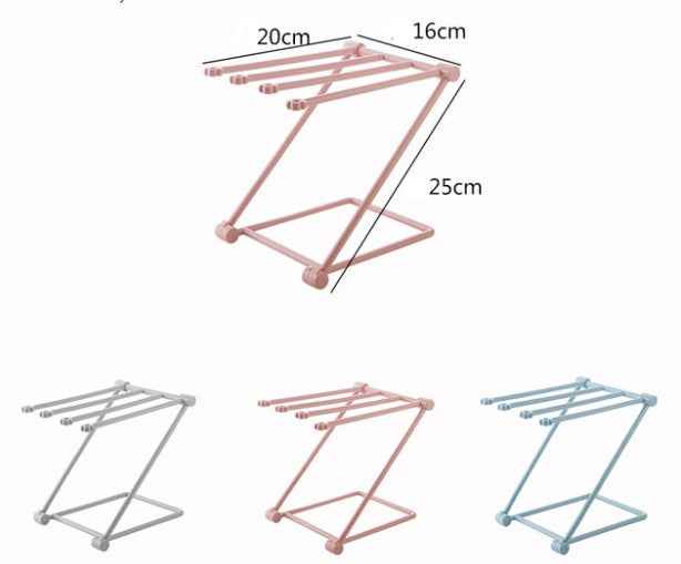 Foldable Dishcloth Shelf in pink silver and blue with measurements for home kitchen use