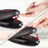 Petra store Hands Free Electric Can Opener in black showing battery installation and finger pressing button