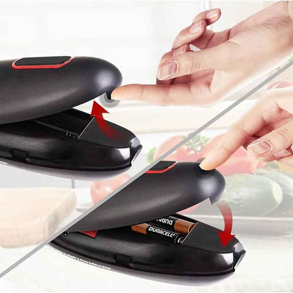 Petra store Hands Free Electric Can Opener in black showing battery installation and finger pressing button