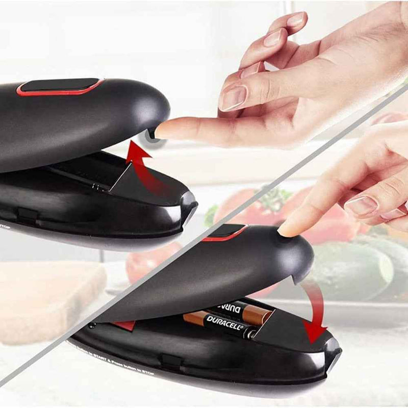Petra store Hands Free Electric Can Opener in black showing battery installation and finger pressing button