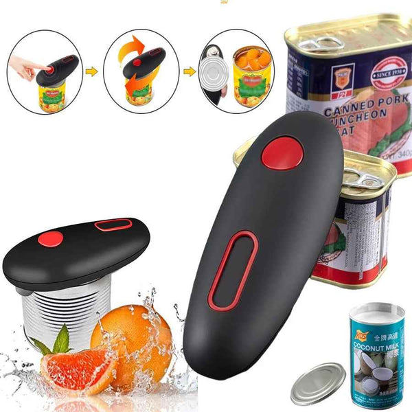 Hands Free Electric Can Opener in black and red with easy one-touch operation for opening cans effortlessly