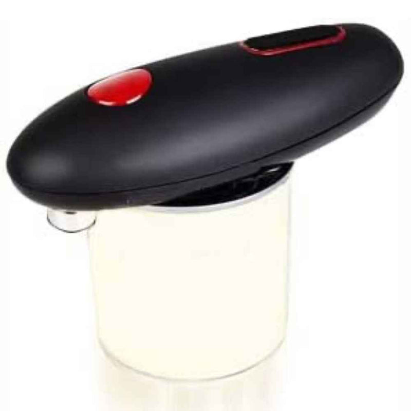 Petra store Hands Free Electric Can Opener in black and red for easy can opening