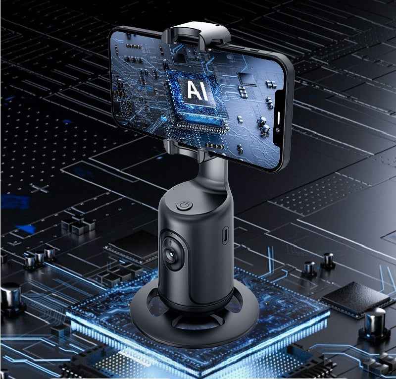 Petra store black Gimbal Smartphone Holder with AI display on smartphone showing tech circuitry