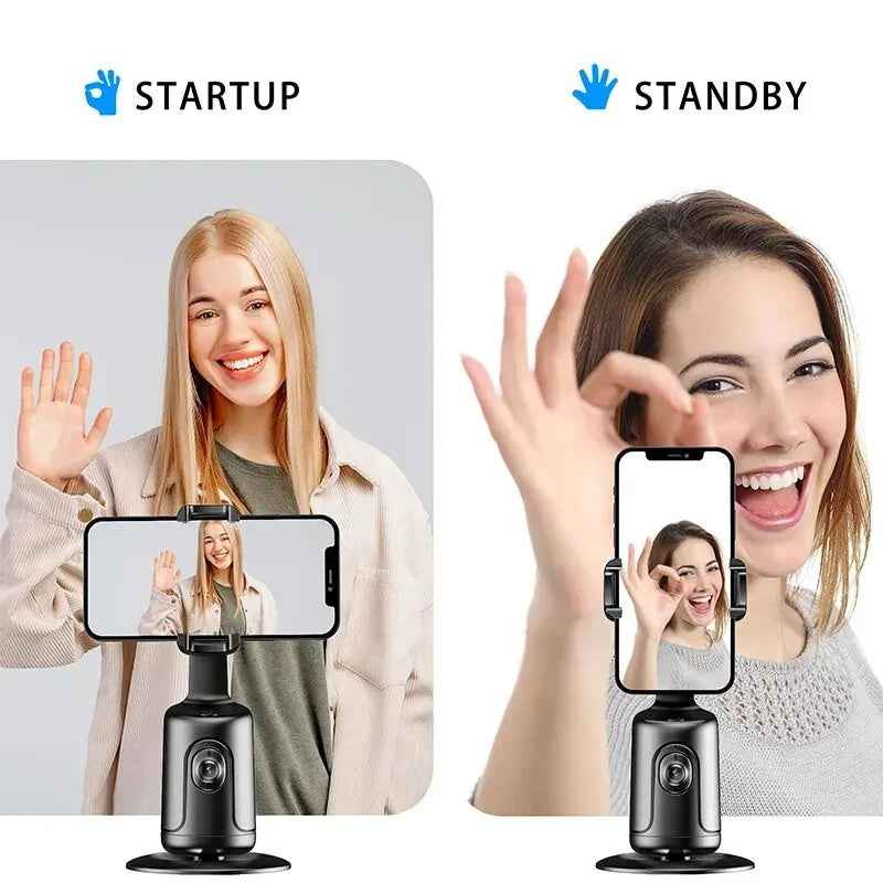 Gimbal Smartphone Holder by Petra store showing startup and standby modes with women demonstrating hand gestures