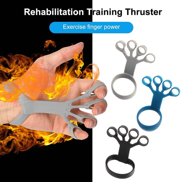 Petra store Hand Grip Trainer in gray, blue, and black for finger exercise and rehabilitation training