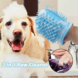 2 In 1 Dog Paw Cleaner blue silicone glove with soft bristles cleaning a dog's paw from Petra store