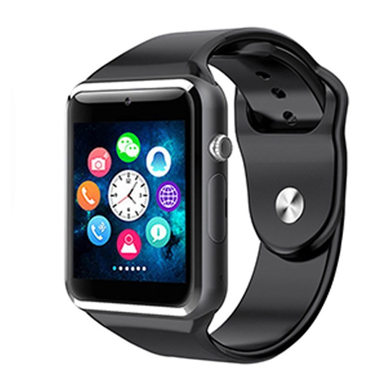 Kids smart watch with sim card featuring colorful app icons and black adjustable strap