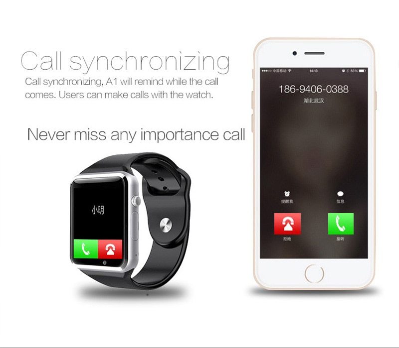 Kids smart watch with sim card showing call synchronizing feature next to a smartphone displaying incoming call