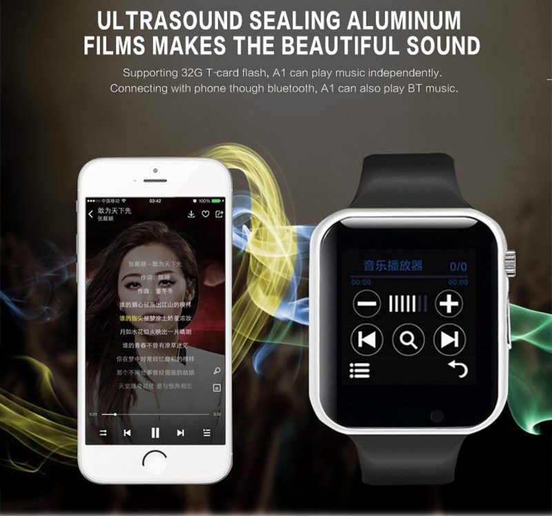 Petra store kids smart watch with sim card showing music playback controls next to a smartphone