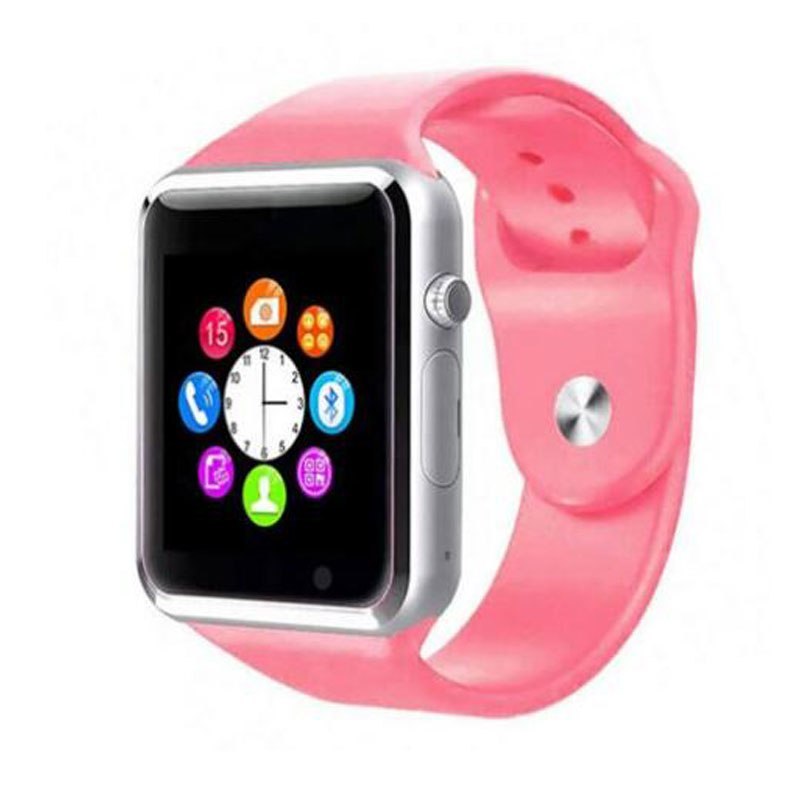 Kids smart watch with sim card in pink color featuring multiple app icons on screen