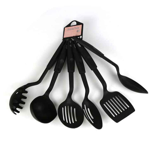 Set of black Non-stick Pan Kitchen Utensils including ladle, slotted spoons, spatula, and pasta server