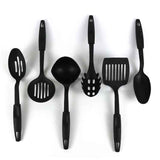 Black non-stick pan kitchen utensils set with six different cooking tools for home and kitchen use