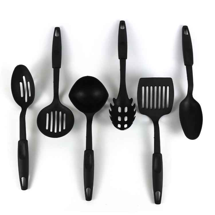 Black non-stick pan kitchen utensils set with six different cooking tools for home and kitchen use