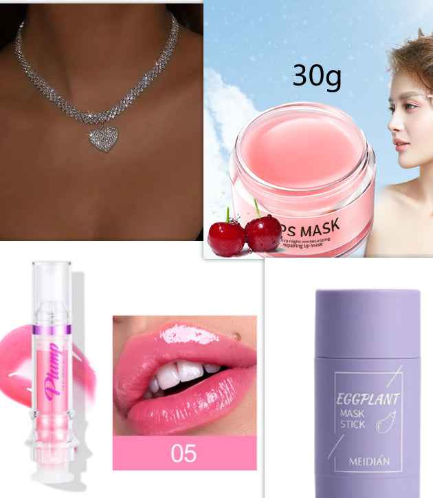 Lip Skin Care Moisturizer collection featuring pink lip balm, moisturizing mask, and glossy lip plumper