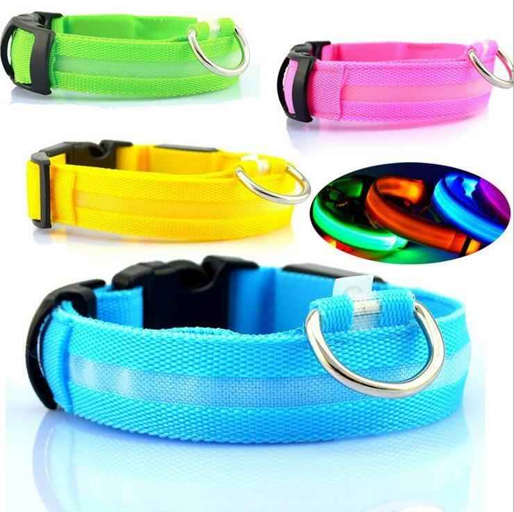 Petra store LED dog safety collar collection in green pink yellow and blue colors with reflective strip and metal ring