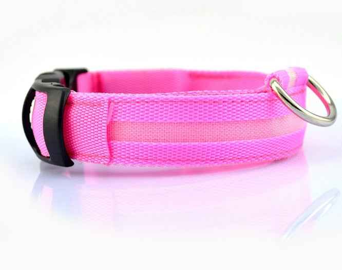Pink LED dog safety collar from Petra store with durable buckle and metal ring for pets