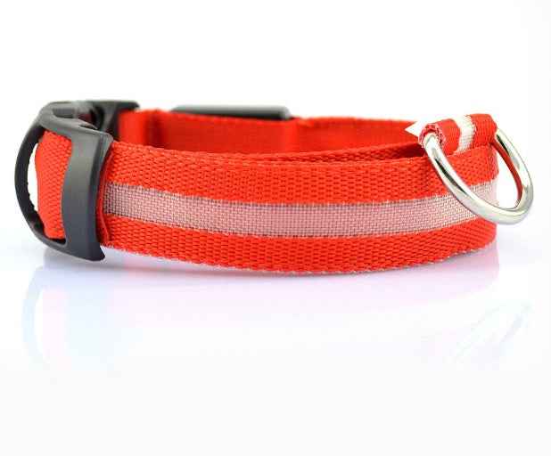 Red LED dog safety collar with reflective strip and black buckle for pet safety