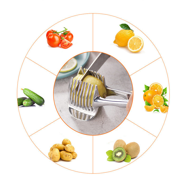 Petra store stainless steel lemon slicer cutting lemon with images of tomatoes cucumbers potatoes kiwis and oranges