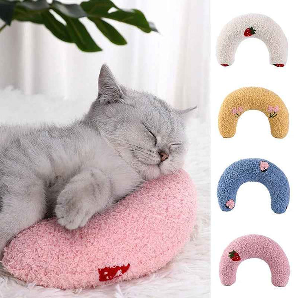 Little Pillow For Pets in pink with soft texture supporting a sleeping gray cat from Petra store
