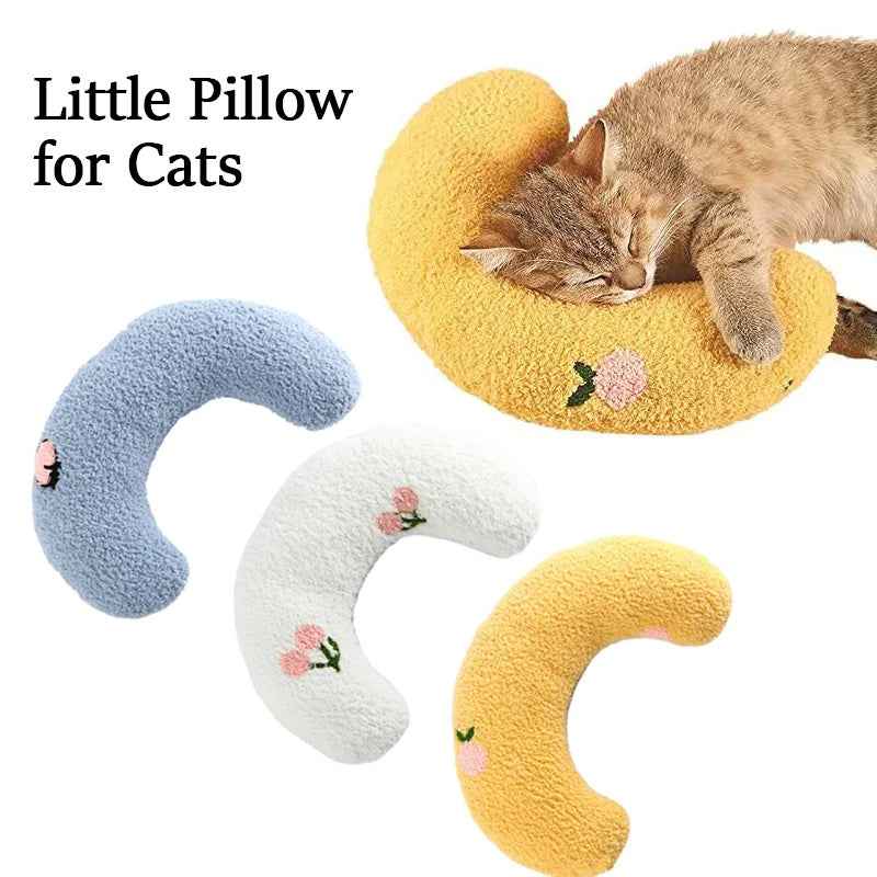 Little Pillow For Pets crescent-shaped soft pillows in yellow blue and white with floral embroidery for cats